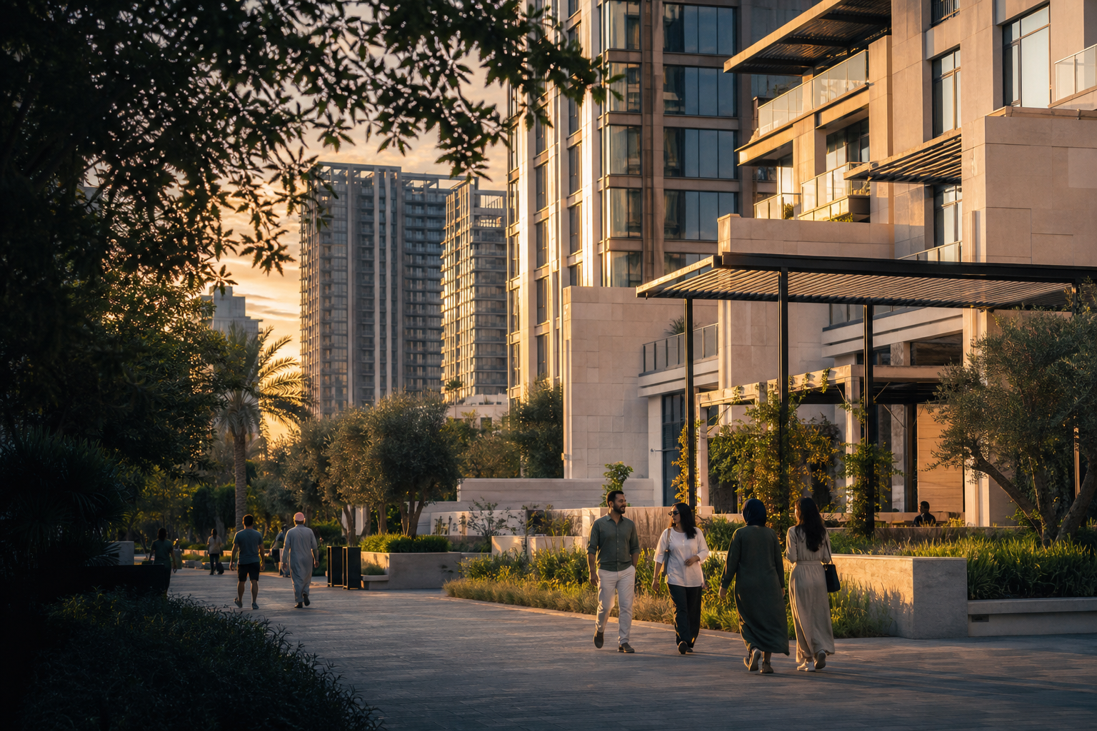 Residents walking through a contemporary Dubai neighborhood at sunset